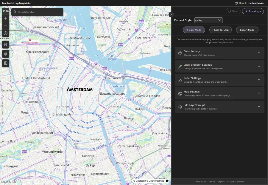 The Cycling style open in MapMaker, showing the style editor beside central Amsterdam and its cycle node network.
