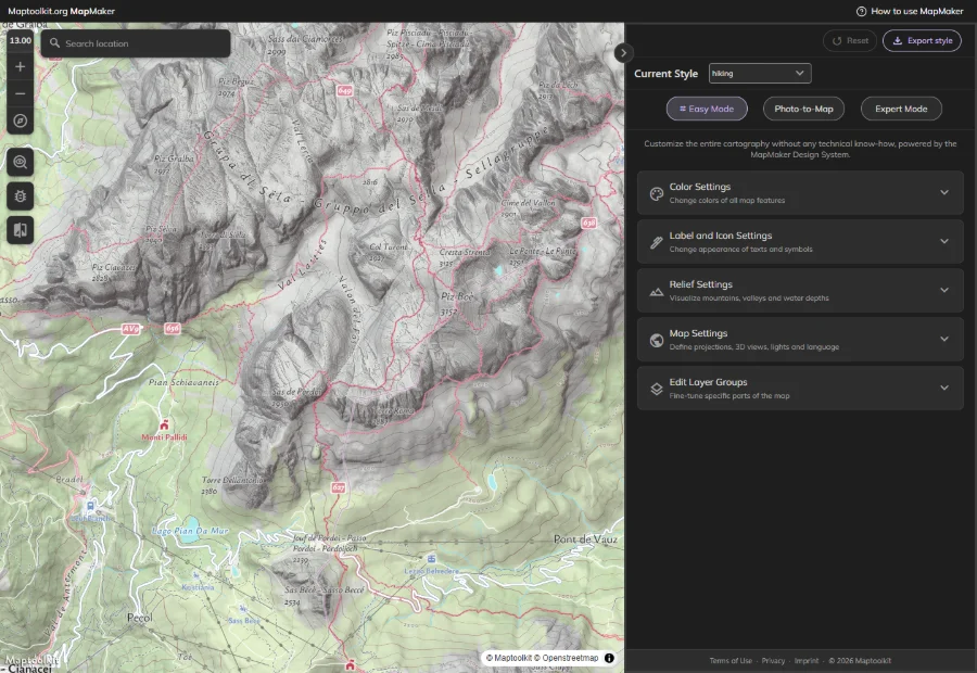 The Hiking style open in MapMaker, showing the style editor beside the Sella group with its waymarked routes.