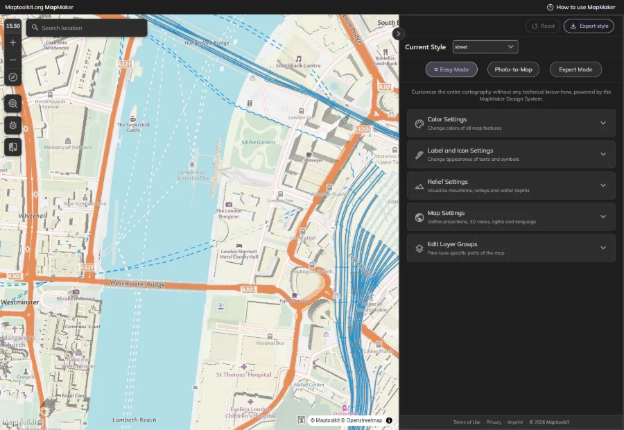 The Street style open in MapMaker, showing the style editor beside a central London view.