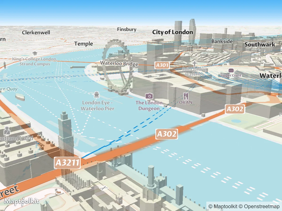 Central London rendered with extruded buildings on the Street style: County Hall and the South Bank blocks standing up at varying heights, the London Eye extruded as a curved structure, Westminster and Waterloo bridges crossing the Thames, seen at a steep camera pitch.