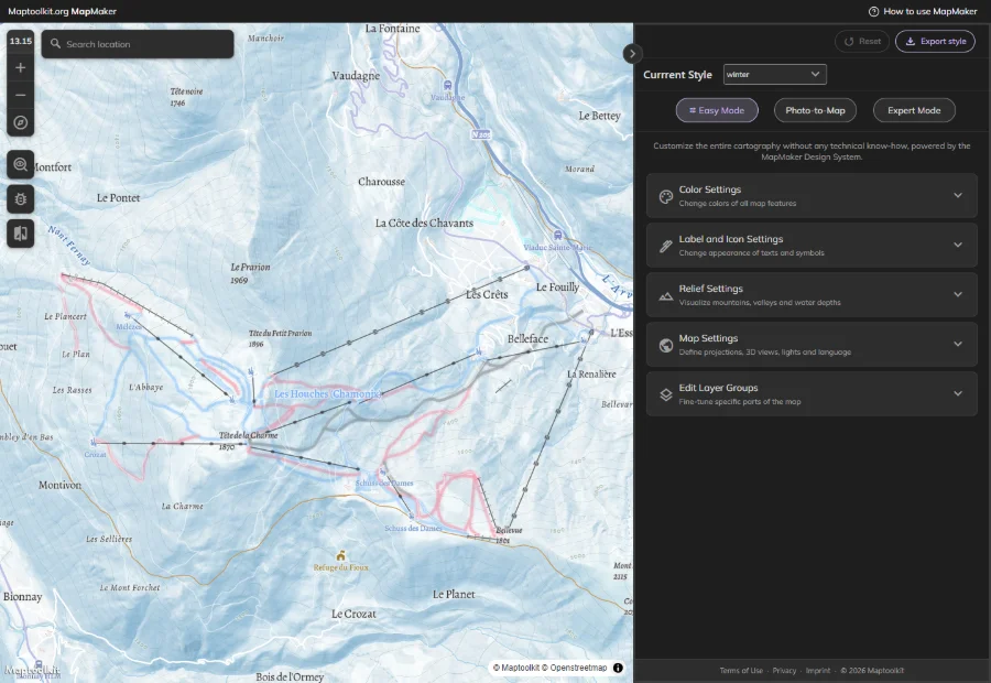 The Winter style open in MapMaker, showing the style editor beside a ski area with graded pistes.